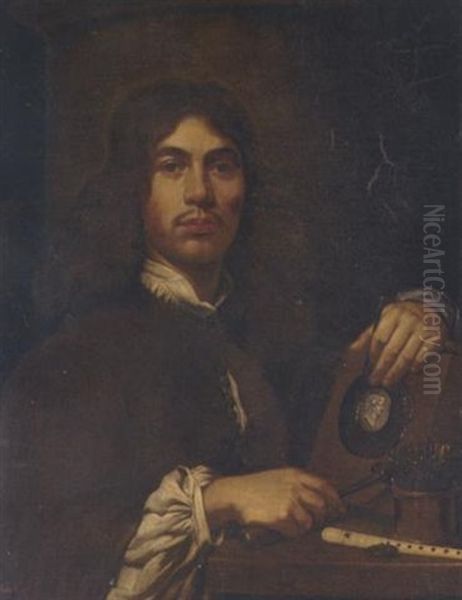 Portrait Of An Artist Holding A Hammer And Chisel Before An Intaglio Oval Portrait Bust Of A Classical Figure, With A Pot Of Chisels And A Flute On A Table Oil Painting by Sebastien Bourdon