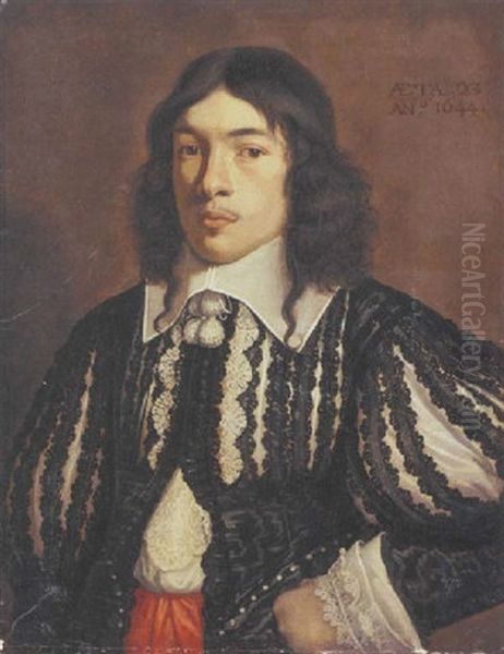 Portrait Of A Gentleman, Aged 23, In A Black Slashed Doublet And A White Lace Shirt Oil Painting by Sebastien Bourdon