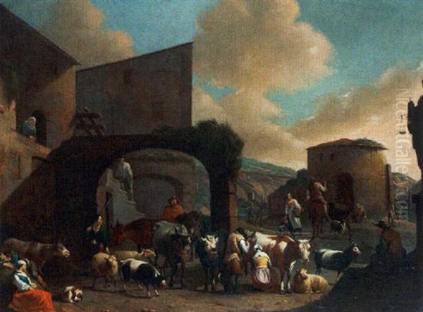 Shepherds And Their Herd On A Village Market by Sebastien Bourdon