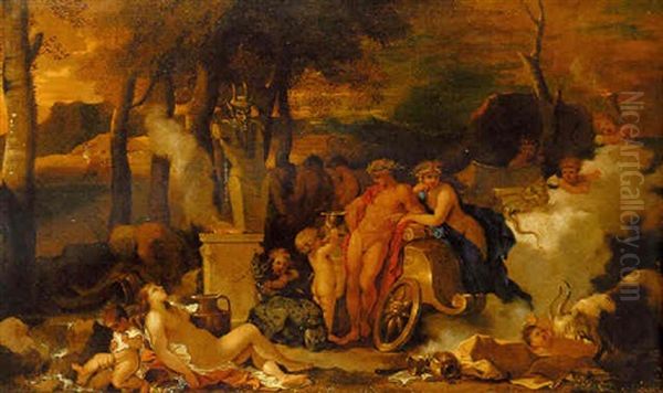 Bacchus And Ariadne With Bacchantes By An Altar In A Landscape Oil Painting by Sebastien Bourdon