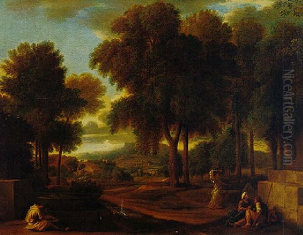 Italianate Landscape With A Monk And Peasants By A Fountain Oil Painting by Sebastien Bourdon