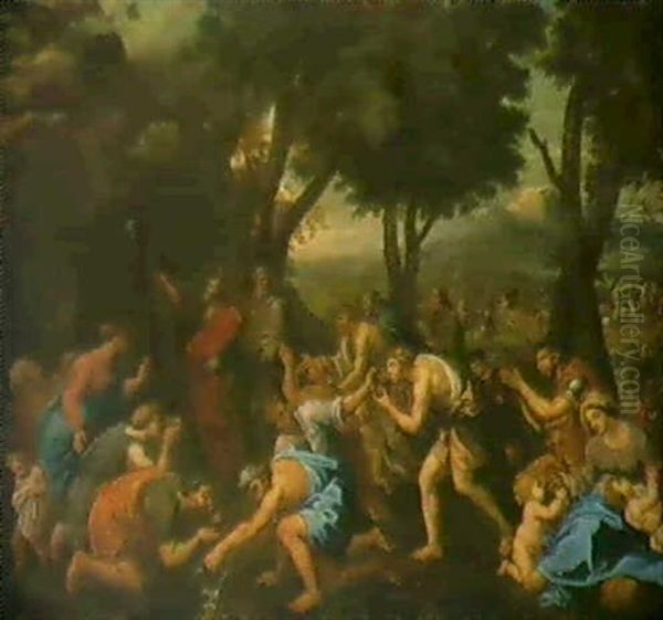 Quellwunder. Moses Immitten Der Israeliten Schlagt Mit      Seinem Stab Wasser Aus Dem Felsen Oil Painting by Sebastien Bourdon