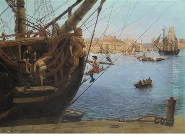 Gilding The Figurehead, Porto Oil Painting by Gustave Bourgain