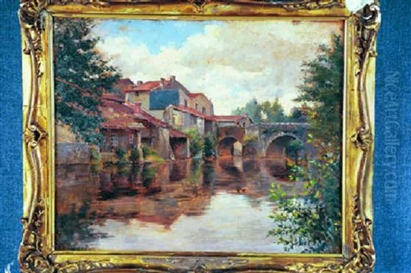 European River Town Oil Painting by Gustave Bourgain