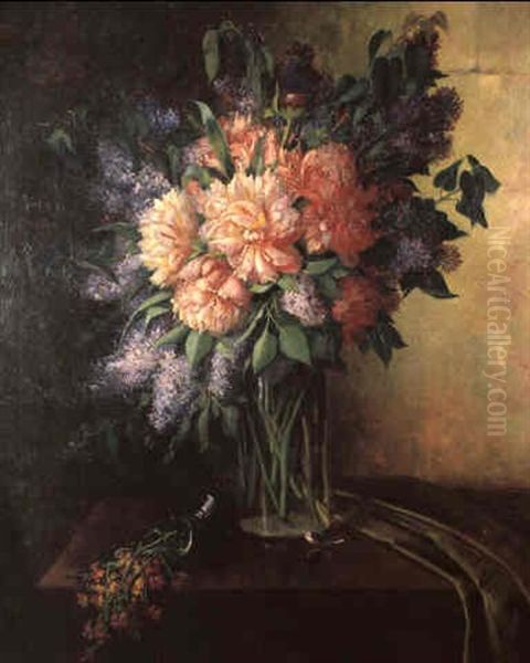 Nature Morte Au Bouquet De Pivoines Et Lilas Oil Painting by Gustave Bourgain