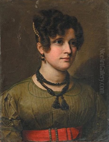 Portrait De Jeune Femme A La Robe Verte Et Ceinture Rouge, Une Aigrette De Perles Dans Sa Chevelure Oil Painting by Charles-Guillaume-Alex Bourgeois