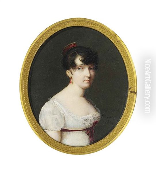 A Young Lady Called Madame Bernard, In Decollete White Dress, Claret Red Sash Tied Around Waist, Dark Upswept Hair Dressed With Coral Comb, Coral Earring Oil Painting by Charles-Guillaume-Alex Bourgeois