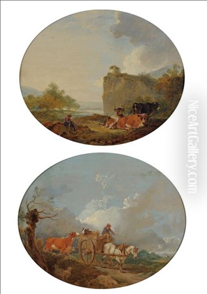 Figure On Horse Drawn Cart On A Country Road; Drover Seated With His Dog, Cattle By His Side (pair) Oil Painting by Peter Francis Bourgeois