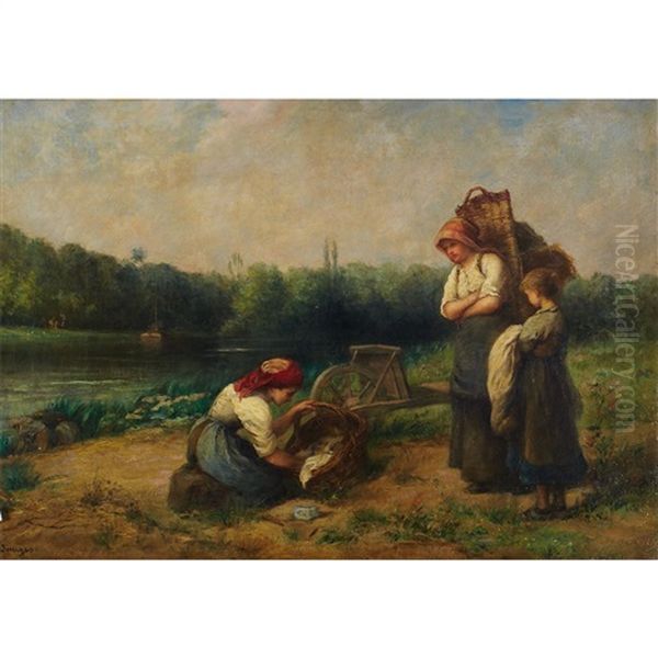 Fieldworkers Tending Baby Oil Painting by Pauline Elise Leonide Bourges