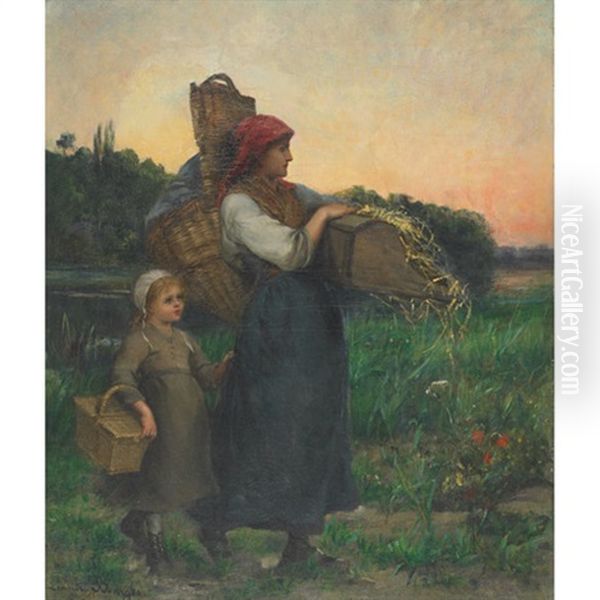 Mother And Young Girl Returning From Market Oil Painting by Pauline Elise Leonide Bourges