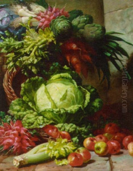 Cabbage, Carrots, Radishes, Celery, Artichokes, And Apples On A Stone Floor Oil Painting by Pierre Bourgogne