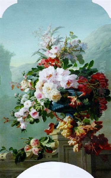 A Still Life Of Flowers And Fruit Oil Painting by Pierre Bourgogne