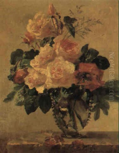 Still Life With Roses In Glass Vase On Stone Ledge Oil Painting by Pierre Bourgogne