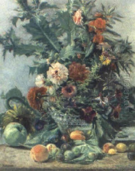 Stilleben Med Blommor Och Frukter Oil Painting by Pierre Bourgogne