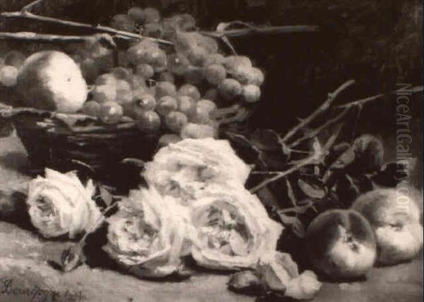 Still Life With Roses, Peaches And Grapes Oil Painting by Pierre Bourgogne