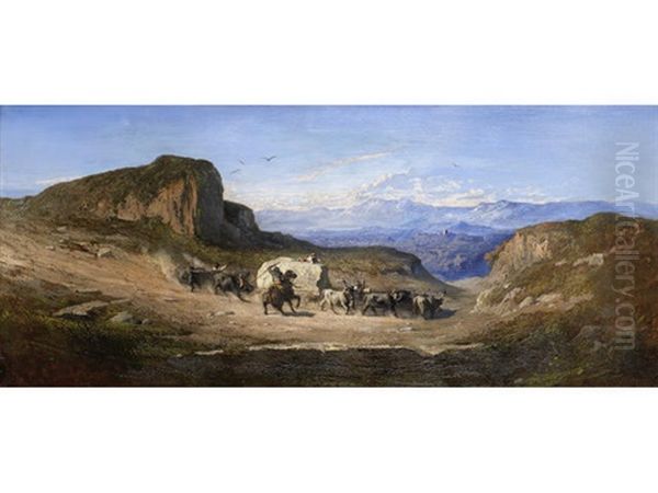 A Group Of Bullocks With Their Herders Carrying A Block Of Carrara Marble From The Quarries Of The Apuan Mountains, Tuscany, Down To The Town Of Carrara by Antoine Joseph Bourlard