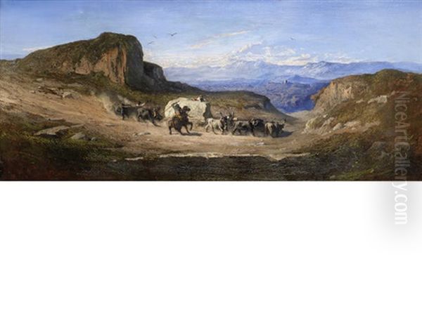 A Group Of Bullocks With Their Herders Carrying A Block Of Carrara Marble From The Quarries Of The Apuan Mountains, Tuscany, Down To The Town Of Carrara Oil Painting by Antoine Joseph Bourlard