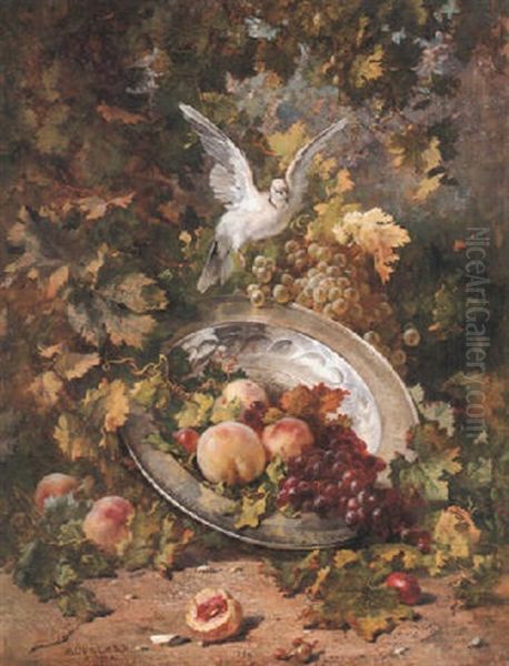 Peaches And Grapes With A Dove Oil Painting by Antoine Joseph Bourlard