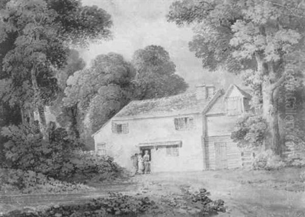 Figures Before A Woodland Cottage Oil Painting by James (Rev.) Bourne