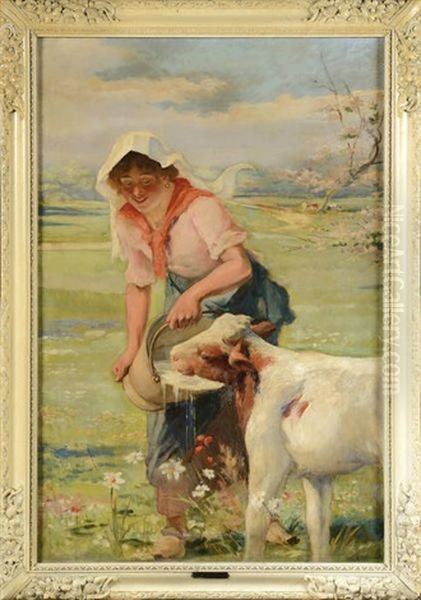 Jeune Fermiere Nourissant Un Veau Oil Painting by Auguste Bourotte