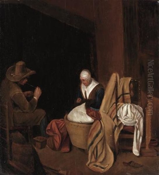 Figures In An Interior Oil Painting by Esaias Boursse