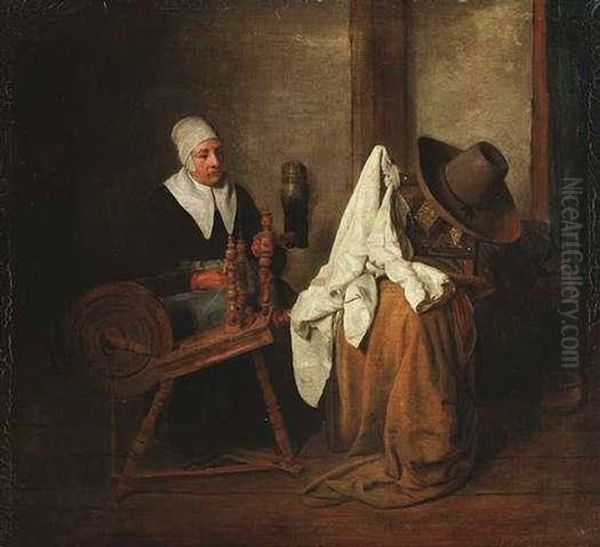 Stubeninterieur Mit Einer Alten Frau Am Spinnrad Oil Painting by Esaias Boursse