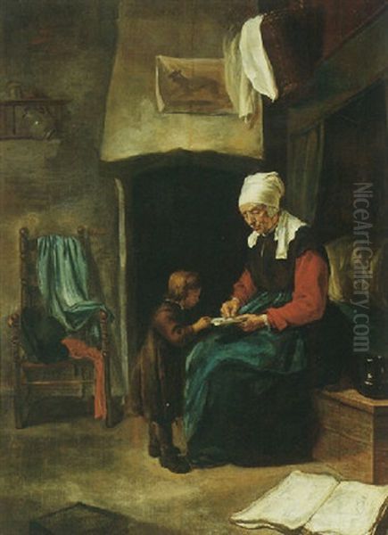 A Domestic Interior With An Old Maid Teaching A Young Boy To Read Oil Painting by Esaias Boursse