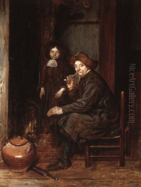 Man Seated Before A Fire Smoking A Pipe With A Young Boy Standing Nearby Oil Painting by Esaias Boursse