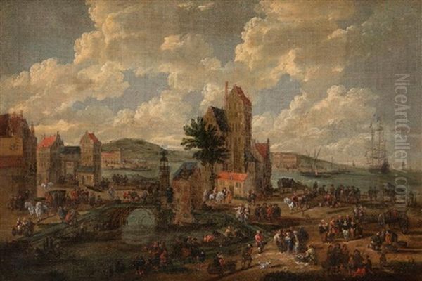 Village En Bord De Riviere Anime De Personnages Oil Painting by Pieter Bout