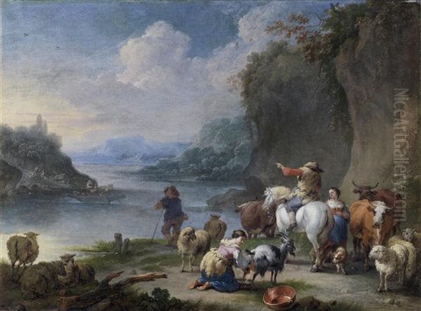 Drovers And Their Herd Resting Beside A River Oil Painting by Pieter Bout