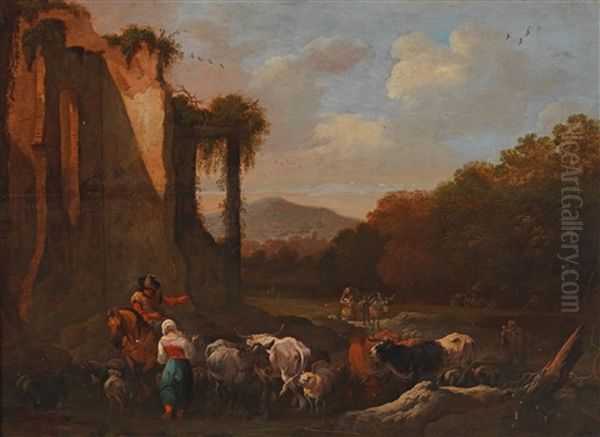 A Landscape With Figures And Cattle Oil Painting by Pieter Bout