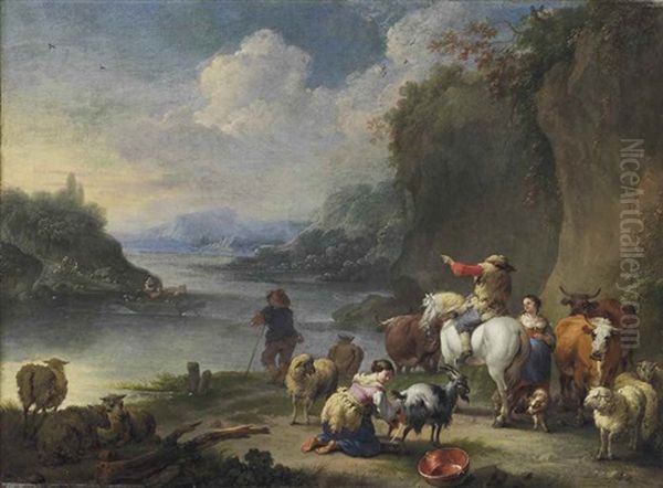 A River Landscape With Shepherds And Their Herds At Rest Oil Painting by Pieter Bout