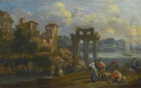 Figures In A Costal Landscape Resting Near Classical Ruins Oil Painting by Pieter Bout