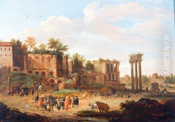 Een Oosterse Koopman Met Zijn Gevolg In Gesprek Met Boeren Op De Campo Vaccino In Rome, Een Kwakzalver Op Een Zeepkist In De Verte Oil Painting by Pieter Bout