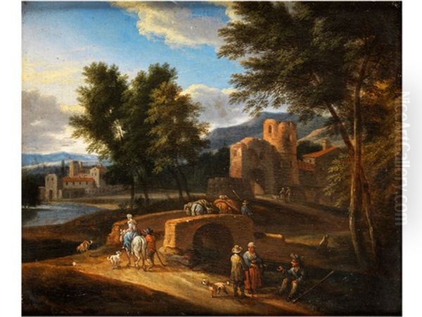 Landschaft Mit Figuren Auf Einer Brucke by Pieter Bout