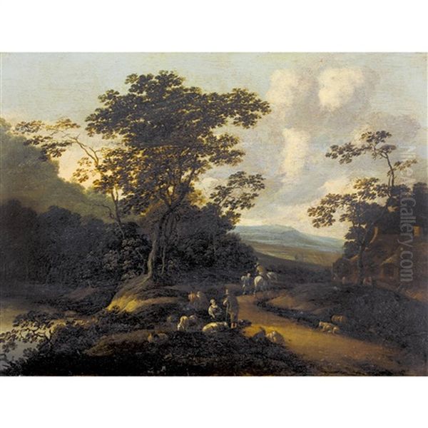 Landschaft Mit Hirtenpaar Und Bauernhaus Oil Painting by Pieter Bout