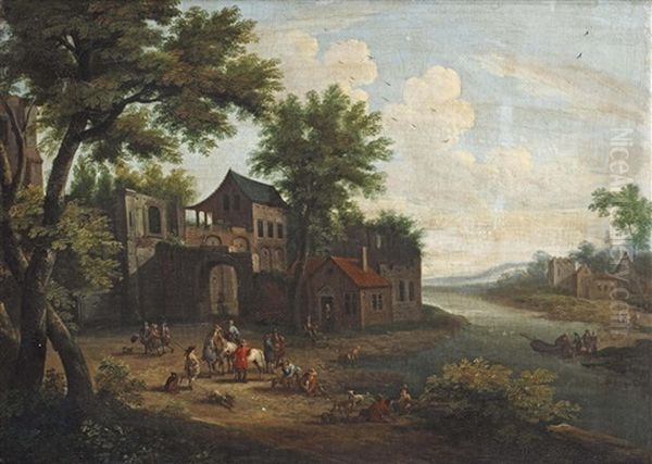 A Wooded River Landscape With A Hunting Party At The Gate Of A Village by Pieter Bout