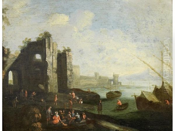 Figures Resting Before A Harbour Oil Painting by Pieter Bout