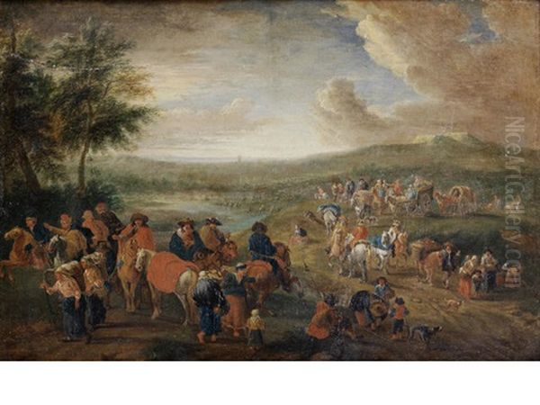 Travellers On A Country Path, Before A River Landscape Oil Painting by Pieter Bout