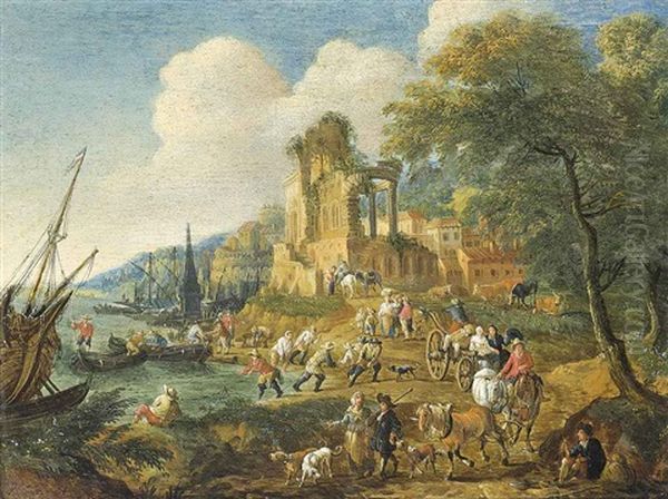 Fishermen Landing Their Catch, With Travellers On A Track, Beside Classical Ruins, A City Beyond Oil Painting by Pieter Bout