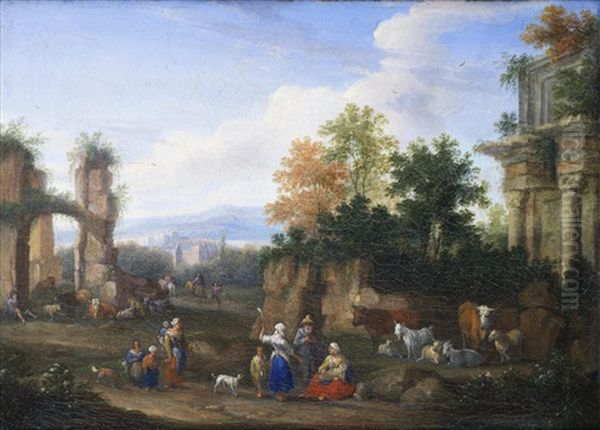 Peasants Grazing Their Cattle In An Open Landscape, Amongst Classical Ruins Oil Painting by Pieter Bout