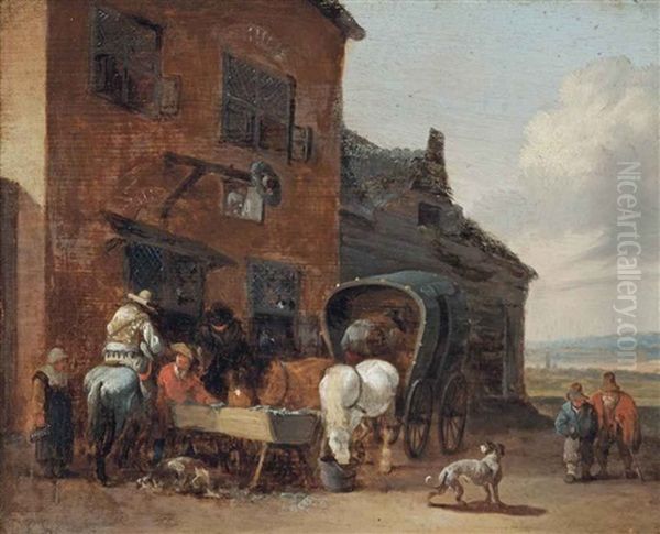 Travellers Outside An Inn Oil Painting by Pieter Bout