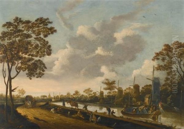 A Landscape With A Barge Being Towed Along A Canal Oil Painting by Pieter Bout