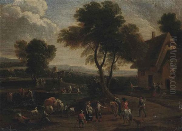 A River Landscape With Travellers On A Track, Villagers Conversing And Fishing Beyond Oil Painting by Pieter Bout