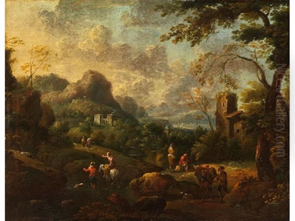 Bergige Ideallandschaft Mit Ruinosen Gebauden Und Hirten Auf Einer Anhohe Oil Painting by Pieter Bout