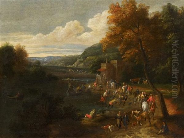 Flusslandschaft Mit Zahlreichen Personen Oil Painting by Pieter Bout