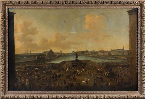 Le Pont Neuf, Vue De L'entree De La Place Dauphine, Le Quai Malaquais Avec Le College Des Quatre Nations Et La Grande Galerie Du Louvre Oil Painting by Pieter Bout