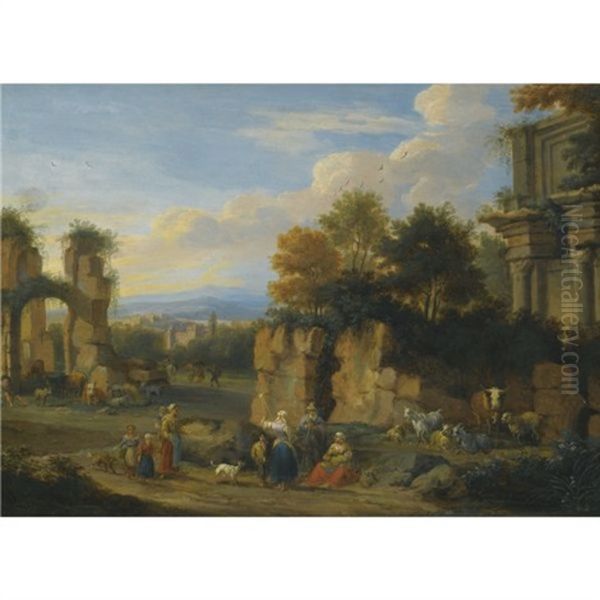 An Italianate Landscape With Figures Resting Near Ruins Oil Painting by Pieter Bout