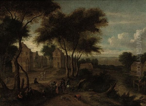 A River Landscape With A Village And Travellers On A Path Oil Painting by Pieter Bout