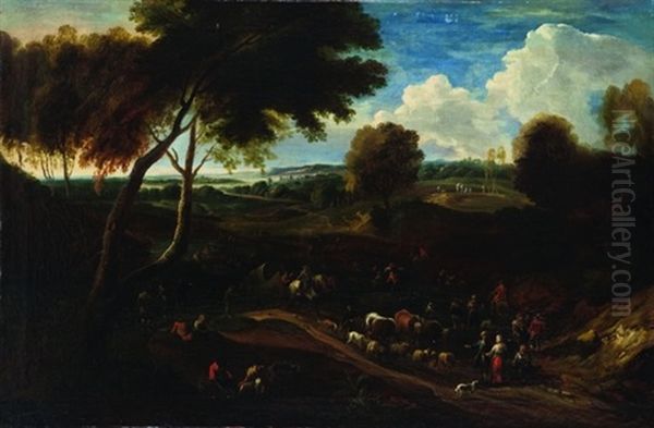 Strada Di Campagna Con Una Carovana, Contadini, Armenti E Astanti Presso Un Corso D'acqua Oil Painting by Pieter Bout